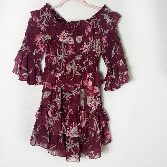 MISA Los Angeles Rima Mini Dress in Floral Burgundy Off the Shoulder Ruffle sz M - Picture 6 of 13